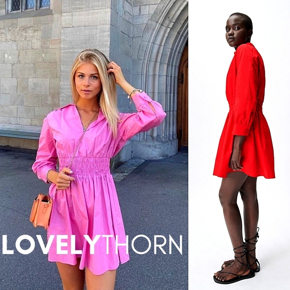 ZARA // retro-chic red poplin collar smock waist long sleeve plunge mini dress - Picture 11 of 16